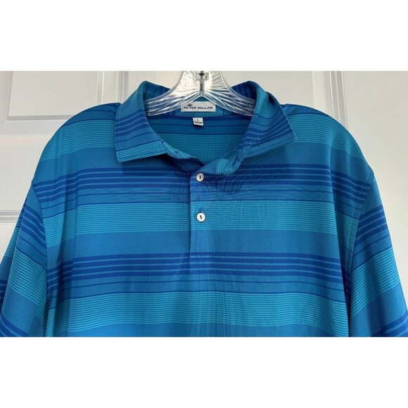 Peter Millar Short Sleeved Golf Polo Shirt Aqua Royal Blue Striped Men's Large L - Picture 3 of 7